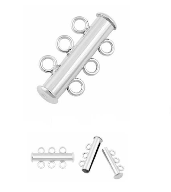 1pc 925 Sterling Silver 3 Strands Multi-Strand Slide Lock Tube Clasp Set, 20.5mm Long, SS116