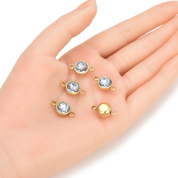 10pcs Grade A March Aquamarine Blue Birthstone Links, 18K Yellow Gold Plated Stainless Steel, Tarnish Resistant, 10mm, CCP37-3