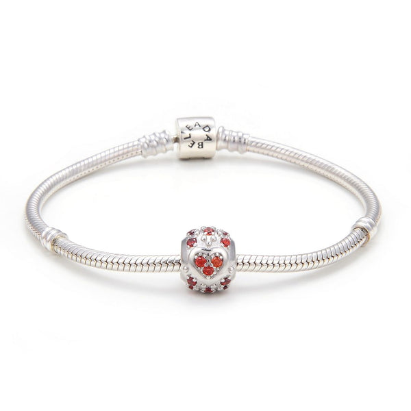 1pc 925 Sterling Silver Round Heart Pattern January Birthstone Bead Charm, Siam Red Garnet Cubic Zirconia CZ, 11x9mm, Hole ID 4.5mm, EC1-H1