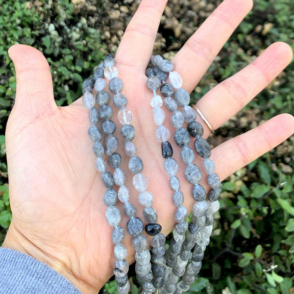 Natural Silver Rutilated Quartz Gemstone Oval Tumbled Pebble Beads, Irregular, 6mm to 8mm, Hole ID 1mm, 15 Inch/1 Strand, GZ11-62