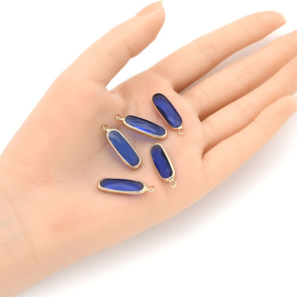 10pcs Grade A September Sapphire Blue Rectangle Bar Birthstone Charm Drops, 18K Yellow Gold Plated Brass, 21x7mm, CCP8-G9