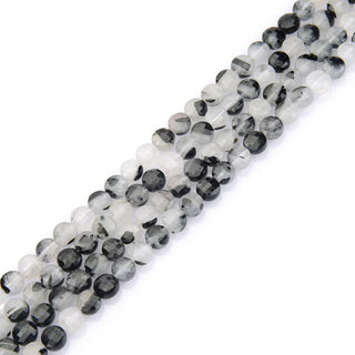 Natural Black Rutilated Quartz Gemstone Faceted Flat Round Coin Beads, 6mm, Hole ID 1mm, 15 Inch/1 Strand, GZ13-5