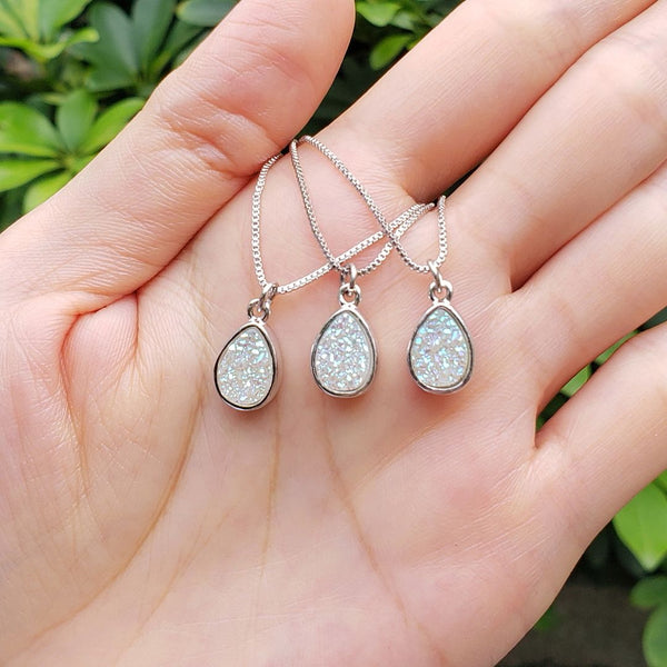 1pc Natural Druzy Crystal Pendant Necklace, Clear AB Teardrop Small Tiny Gemstone Pendant, 18 inch Stainless Steel Surgical Chain, GGP25-5