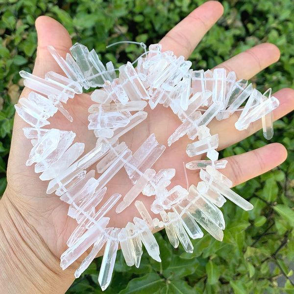 1 Strand Natural Raw Clear Crystal White Quartz Gemstone Bead Sticks, Small Drilled Stone Points, 15 Inch, GA1