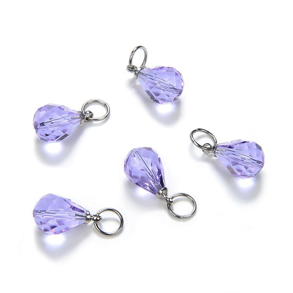 5pcs June Birthstone Charm Drops, 10mm Alexandrite Purple Austrian Teardrop Crystal Beads, Sterling Silver Plated Open Jump Rings, BR6-6