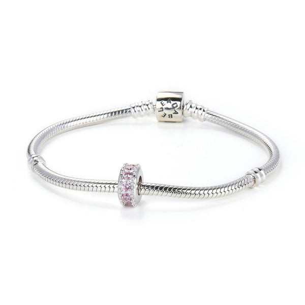 1pc 925 Sterling Silver October Birthstone Bead Charm, Pink Tourmaline Cubic Zirconia CZ, 9.5x5mm, Hole ID 4.5mm, EC1-C10