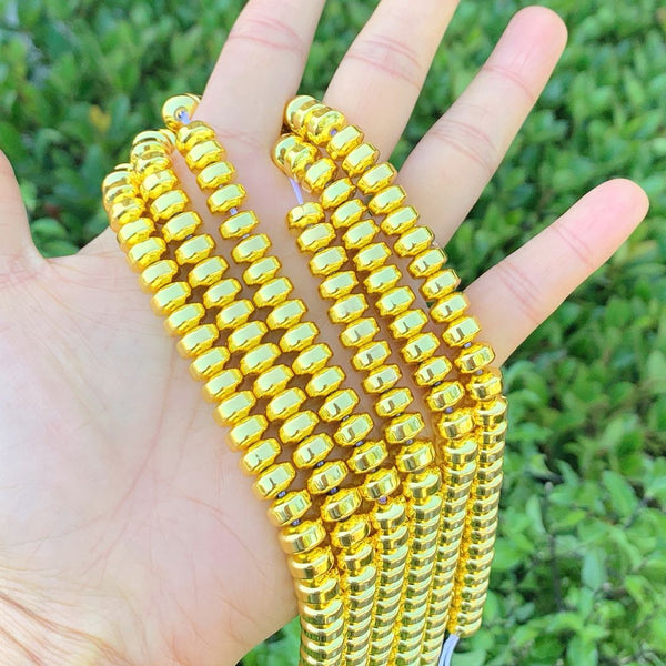 Grade A Natural Hematite Gemstone Rondelle Beads, Gold Plated, 1 Strand/15 Inch, 8x6mm, Hole ID 1mm, GFC9-3