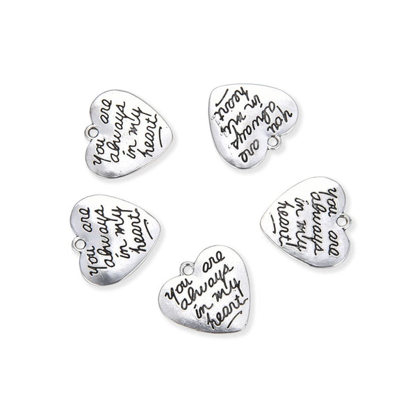 20pcs You Are Always In My Heart Charms, 20mm Double Sided Heart Drop Pendants, Antique Silver, MC-D21