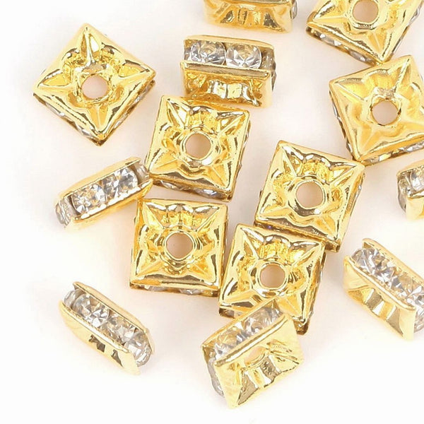 100pcs Grade A Square Crystal Clear Rhinestone Beads, 18K Yellow Gold Plated Brass, Size Selections: 5mm/6mm/8mm/10mm