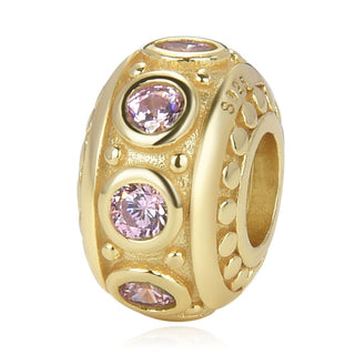 1pc Real Gold Plated 925 Sterling Silver October Birthstone Bead Charm, Pink Tourmaline Cubic Zirconia CZ, 11x6.8mm, Hole ID 4.5mm, EC1-B10
