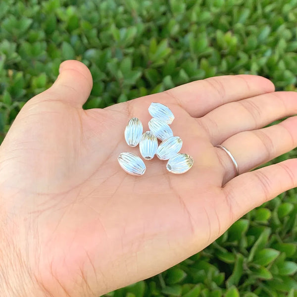 100pcs Corrugated Oval Melon Beads, Sterling Silver Plated Brass, Size Selections: 7x4mm, 10x6mm, 12x8mm