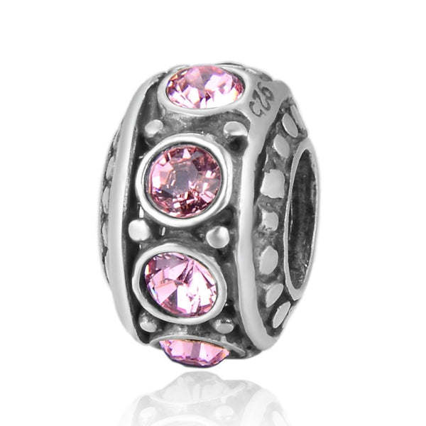 1pc 925 Sterling Silver October Birthstone Bead Charm, Pink Tourmaline Cubic Zirconia CZ, 11x6.8mm, Hole ID 4.5mm, EC1-A10