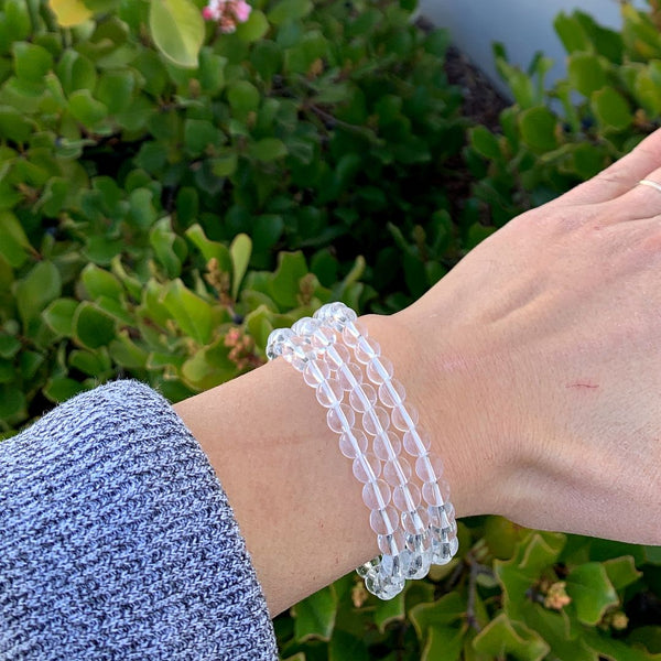 1 Strand Stretch Natural Grade A Clear Crystal White Quartz Beaded Gemstone Bracelet, 6mm Beads, Length Selections: 7 inch/7.5 inch/8 inch