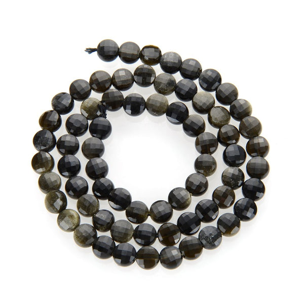 Natural Gold Sheen Black Obsidian Gemstone Faceted Flat Round Coin Beads, 6mm, Hole ID 1mm, 15 Inch/1 Strand, GZ13-11