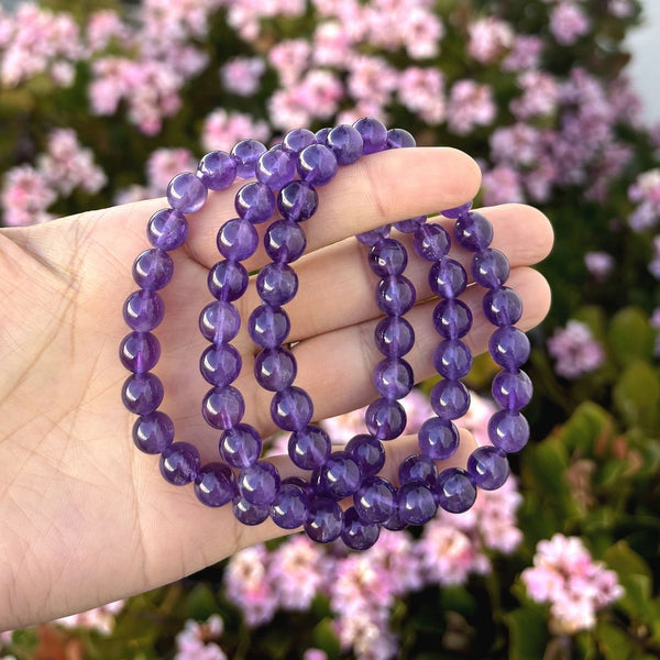 1 Strand Stretch Natural Grade A Purple Amethyst Beaded Gemstone Bracelet, 8mm Bead, Length Selections: 7 inch/7.5 inch/8 inch/8.5 inch