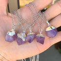 1pc Natural Raw Purple Amethyst Crystal Free Form Gemstone Pendant Necklace, 18 inch Surgical Stainless Steel Chain, GGP12-1
