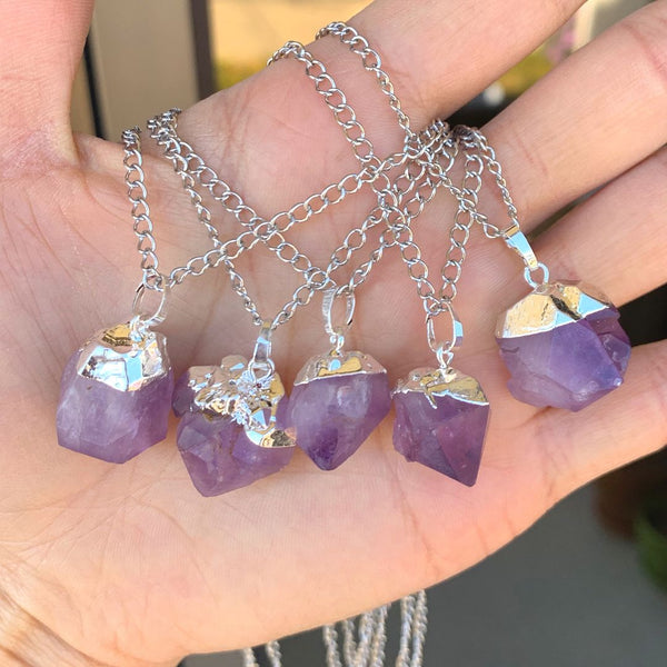 1pc Natural Raw Purple Amethyst Crystal Free Form Gemstone Pendant Necklace, 18 inch Surgical Stainless Steel Chain, GGP12-1