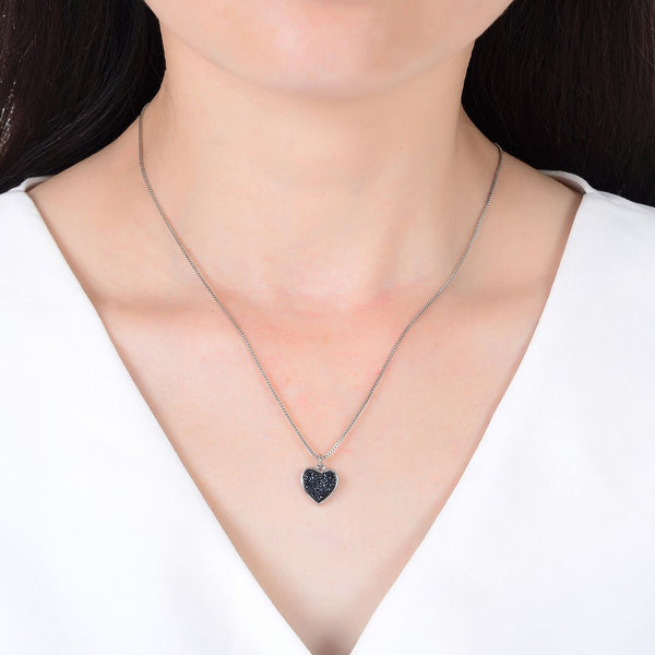1pc Natural Druzy Crystal Pendant Necklace, Hematite Black Love Heart Drop Small Gemstone Pendant, 18 inch Stainless Steel Surgical Chain, GGP29-4