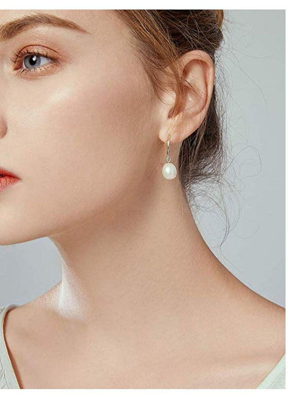 1 Pair 925 Sterling Silver Dangle Baroque Pearl Earrings, AAAA Grade Super High Luster Freshwater Cultured 9x7mm Teardrop Pearls, PE4-2