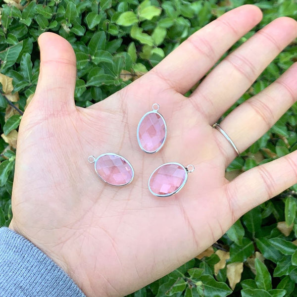 10pcs Grade A October Pink Oval Birthstone Charm Drops, Sterling Silver Plated Brass, 18x13mm, CCP6-S10