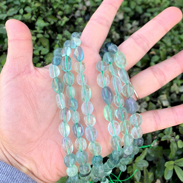Natural Multi-color Fluorite Gemstone Oval Tumbled Pebble Beads, Irregular, 7mm to 10mm, Hole ID 1mm, 15 Inch/1 Strand, GZ12-42