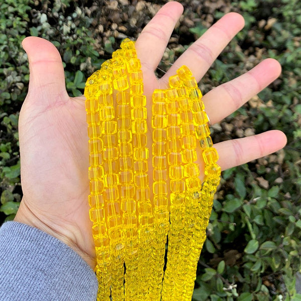 100pcs Creative Club Faceted Cube Crystal Glass Beads, Light Topaz Yellow, 8mm, Hole ID 1mm, CCC809