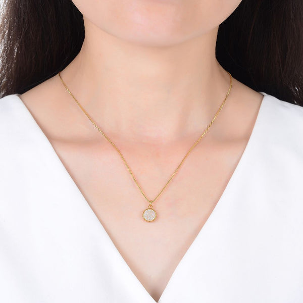 1pc Natural Druzy Crystal Pendant Necklace, Clear AB Round Disc Drop Small Tiny Gemstone Pendant, 18 inch Gold Plated Stainless Steel Chain, GGP22-5