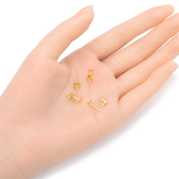 4 Pairs 925 Sterling Silver Earring Posts, Real 18K Yellow Gold Plated, Glue On Flat Board, 0.9mm/19 Gauge Pin, 8pcs Earring Backs, Flat Board Size Selections:3/4/6/8mm