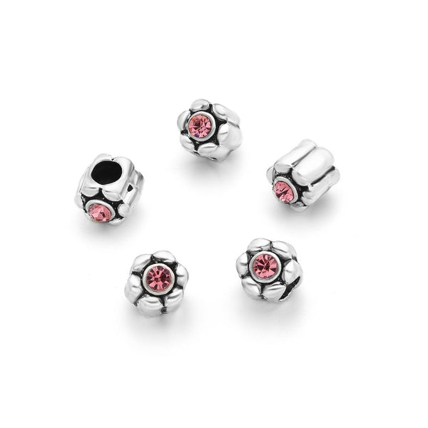 20pcs Sparkle Pink Rhinestone Flower Large Hole Beads, Hole ID 4.5mm, Antique Silver, Zinc Alloy Metal, MEC-E6