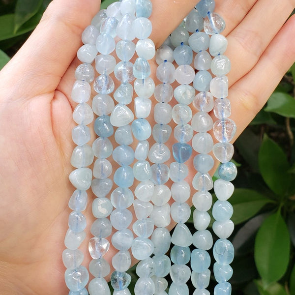 Natural Blue Aquamarine Gemstone Oval Tumbled Pebble Beads, Irregular, 8mm to 10mm, Hole ID 1mm, 15 Inch/1 Strand, GZ12-65