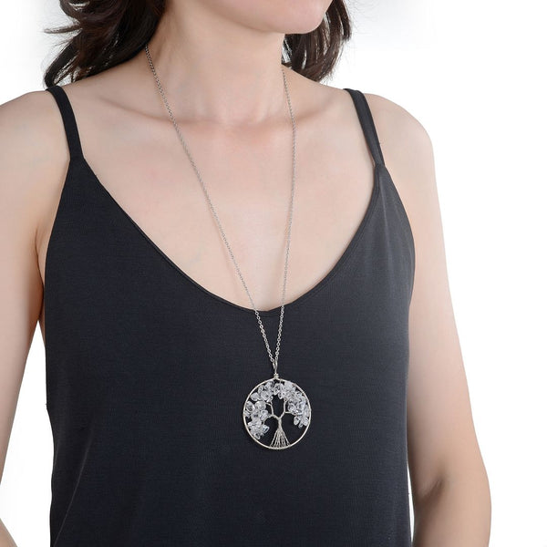 1pc Tree of Life Prosperity Necklace, Natural White Quartz Clear Quartz Gemstone Pendant, 26 inch Surgical Stainless Steel Chain, GGP9-8