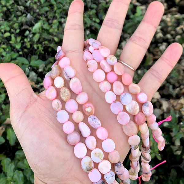 Natural Pink Opal Gemstone Oval Tumbled Pebble Beads, Irregular, 8mm to 10mm, Hole ID 1mm, 15 Inch/1 Strand, GZ12-4