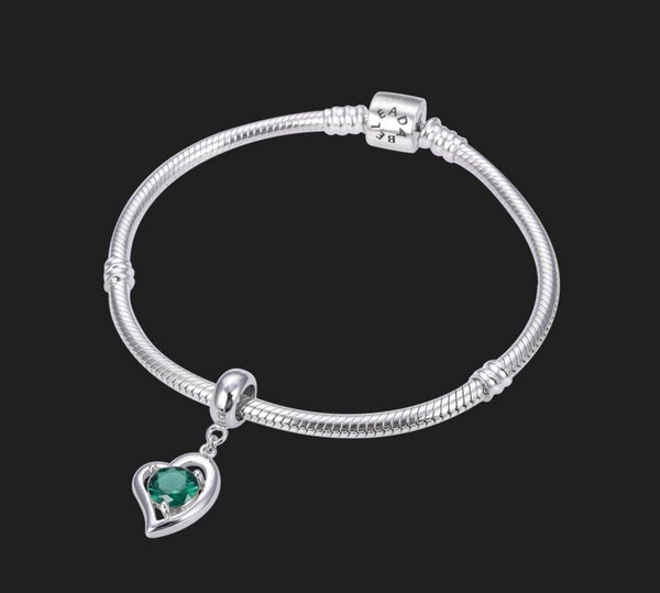 1pc 925 Sterling Silver Love Heart May Birthstone Charm Drop, Green Emerald Cubic Zirconia CZ, 26mm (1 inch) Long, Hole ID 4.5mm, EC1-E5
