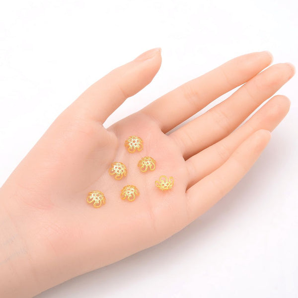 100pcs Filigree Flower Bead Caps, 18K Yellow Gold Plated Brass, 10mm, CF47-2
