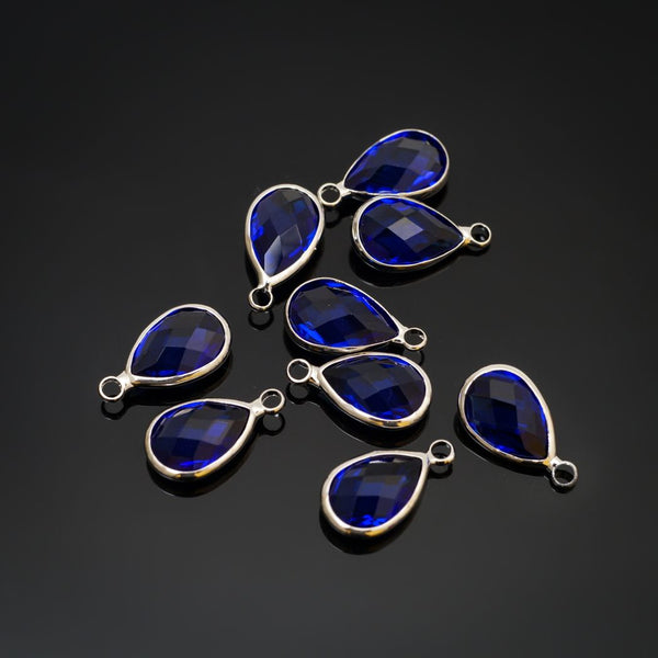 10pcs Grade A September Sapphire Blue Teardrop Birthstone Charm Drop, Sterling Silver Plated Brass, Size Selections: 11x7mm, 14x8mm, 16x9mm