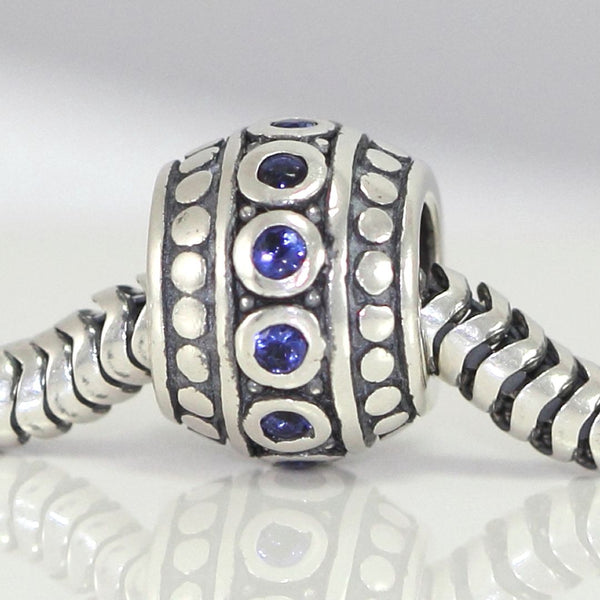 1pc 925 Sterling Silver Round September Birthstone Bead Charm, Blue Sapphire Cubic Zirconia CZ, 10x8mm, Hole ID 4.5mm, EC1-F9