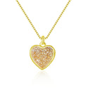 1pc Natural Druzy Crystal Pendant Necklace, Golden Champagne Love Heart Small Gemstone Pendant, 18 inch Gold Plated Stainless Steel Chain, GGP30-2