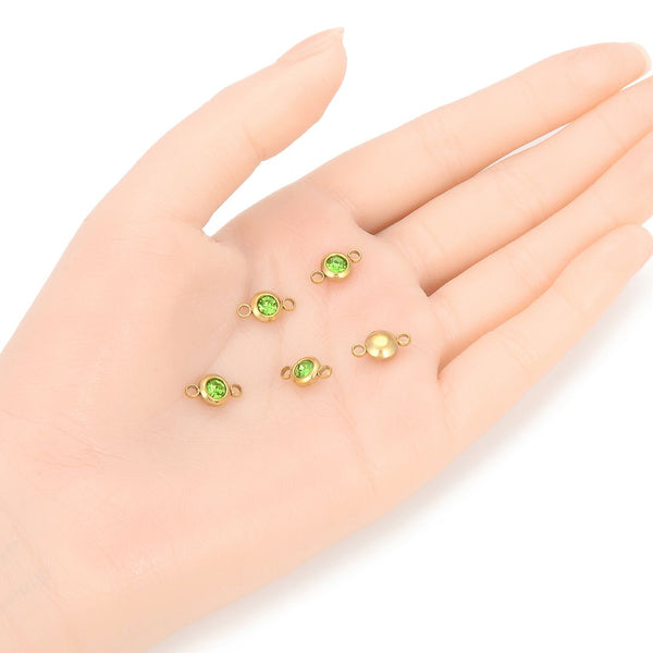 10pcs Grade A August Peridot Green Birthstone Links, 18K Yellow Gold Plated Stainless Steel, Tarnish Resistant, 6mm, CCP35-8
