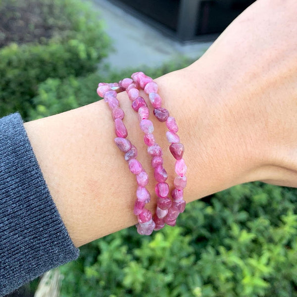 1 Strand Stretch Natural Pink Tourmaline Rubellite Free Form Gemstone Bracelet, 5-8mm Small Beads, Length Selections: 7 inch/7.5 inch