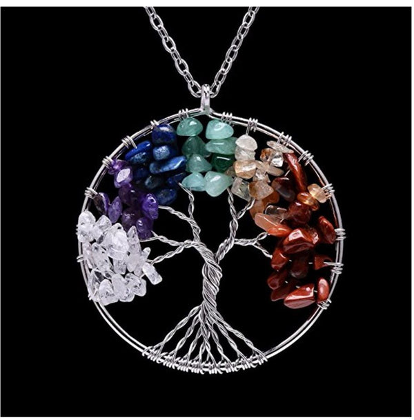 1pc Tree of Life Prosperity Necklace, Natural Seven Chakra Stone Gemstone Pendant, 26 inch Surgical Stainless Steel Chain, GGP9-2