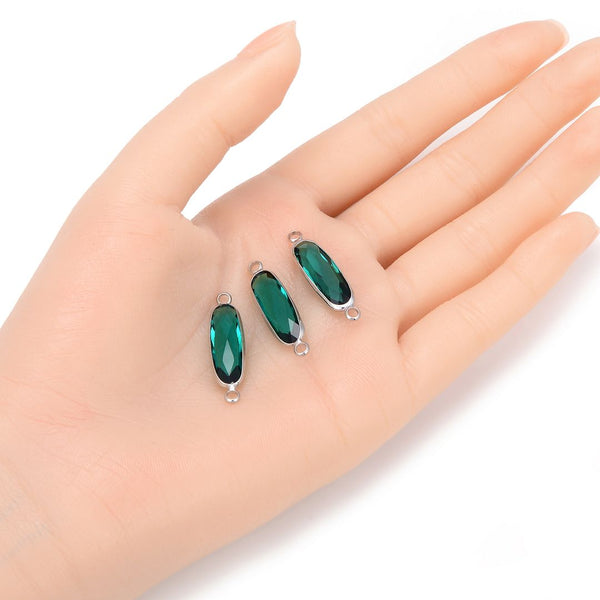 10pcs Grade A May Emerald Green Rectangle Bar Birthstone Links, Sterling Silver Plated Brass, 21x7mm, CCP9-S5