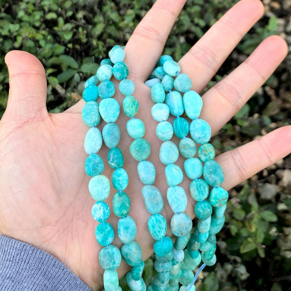 Natural Amazonite Amazonstone Gemstone Oval Tumbled Pebble Beads, Irregular, 7mm to 12mm, Hole ID 1mm, 15 Inch/1 Strand, GZ12-45