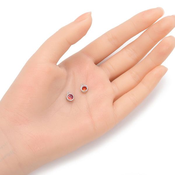 2pcs 925 Sterling Silver 6mm January Birthstone Charm Drop Pendants, Tarnish Resistant, Garnet Red Cubic Zirconia Gemstone, SXP8-1