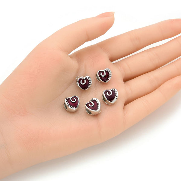 20pcs Love Heart Red Enamel Large Hole Beads, Hole ID 4.5mm, Antique Silver, Zinc Alloy Metal, MEC-B10