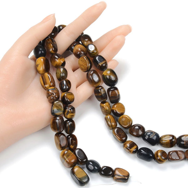 Natural Golden Yellow Tigers Eye Gemstone Tumbled Nugget Beads, Irregular, 10mm-13mm, Hole ID 1mm, 1 Strand/15 Inch, GZ4-11