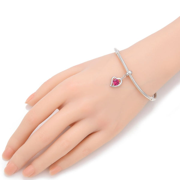 1pc 925 Sterling Silver Love Heart July Birthstone Charm Drop, Red Ruby Cubic Zirconia CZ, 26mm (1 inch) Long, Hole ID 4.5mm, EC1-E7