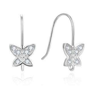 2 Pairs 925 Sterling Silver Fancy Butterfly Design Fish Earring Hooks, Cubic Zirconia CZ, Tarnish Resistant Rhodium Plated, 19mm, SS34