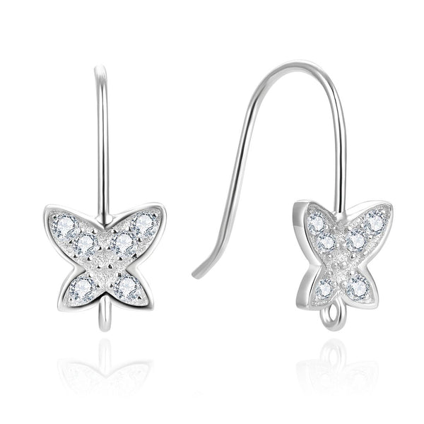 2 Pairs 925 Sterling Silver Fancy Butterfly Design Fish Earring Hooks, Cubic Zirconia CZ, Tarnish Resistant Rhodium Plated, 19mm, SS34