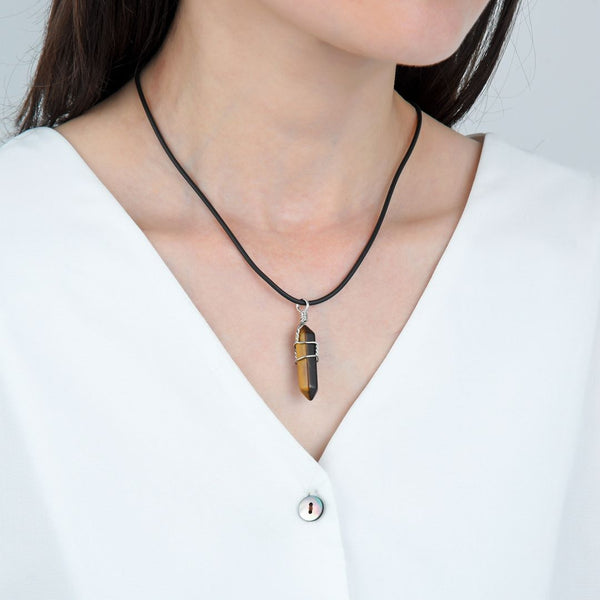 1pc Natural Brown Yellow Tiger Eye Gemstone Pendant Necklace, 18 Inch Leather Cord Jewelry, GGP-H1