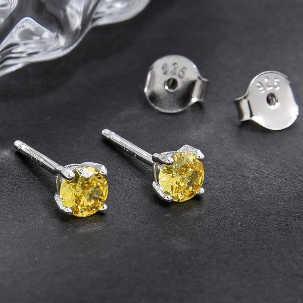 1 Pair 925 Sterling Silver November Birthstone Round Cut Stud Earrings, 4mm/0.25 Carat Small Tiny Cubic Zirconia CZ Yellow Topaz Stone, SSE78-11